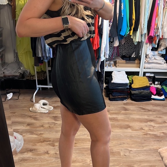 Lush Striped Blouson Dress with Faux Leather Panels - Picture 10 of 12